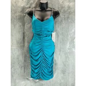 ALMOST FAMOUS Juniors' Aqua Chain-Strap Side Cutout Ruched Bodycon Dress SZ M